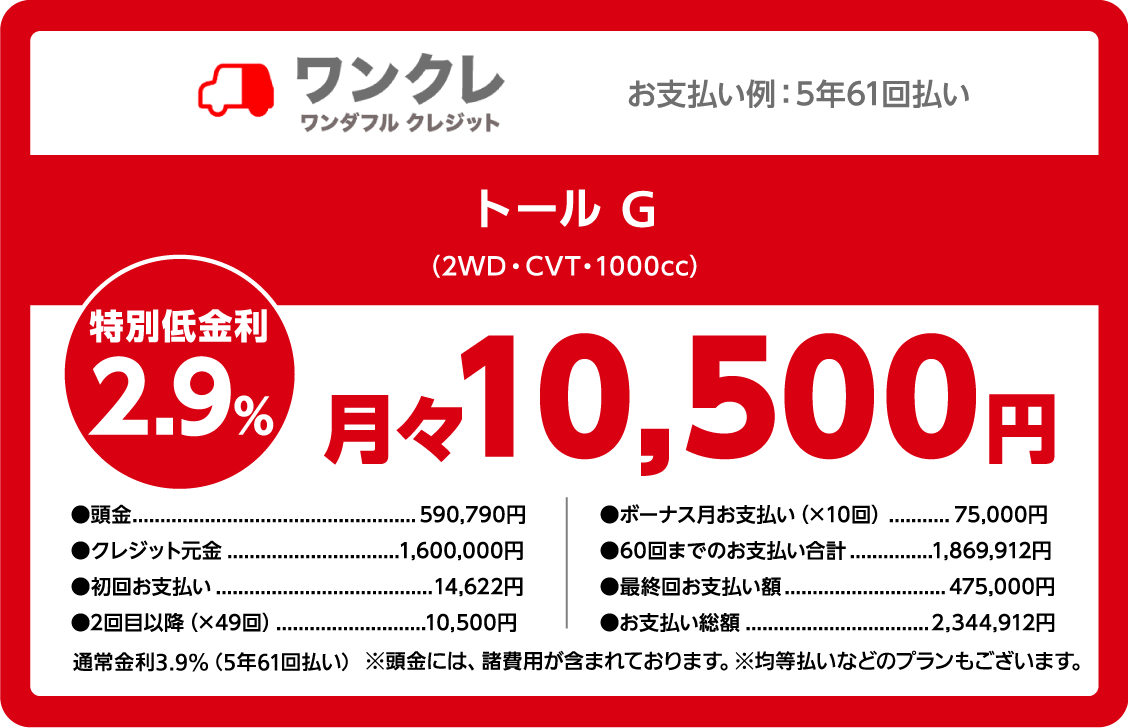ワンクレ ワンダフルクレジット トール G (2WD・CVT・1000cc) 特別低金利2.9% 月々10,500円